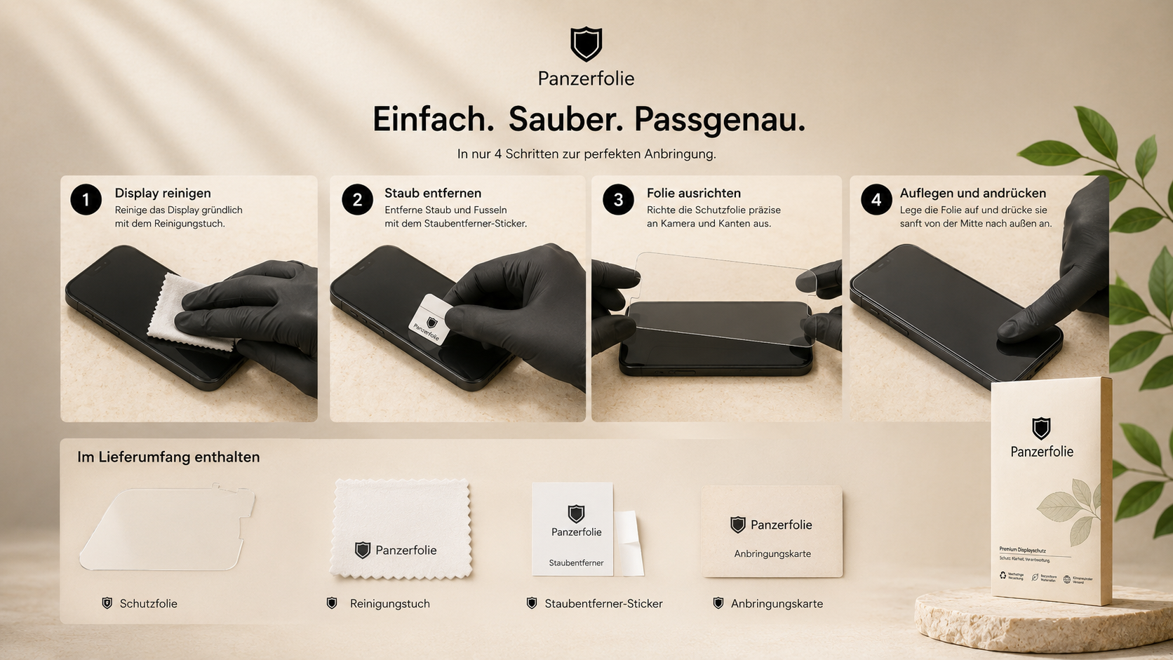 Schritt-für-Schritt Anbringung der Panzerfolie mit Zubehör und Verpackung