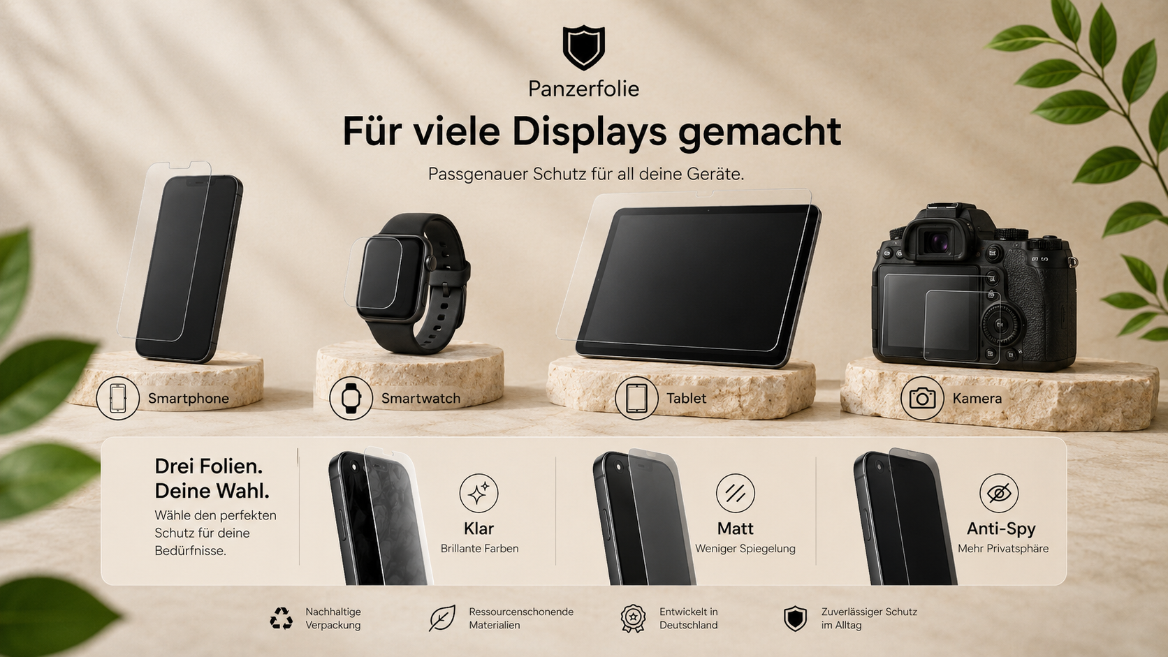 Panzerfolie für verschiedene Geräte wie Smartphone, Smartwatch, Tablet und Kamera