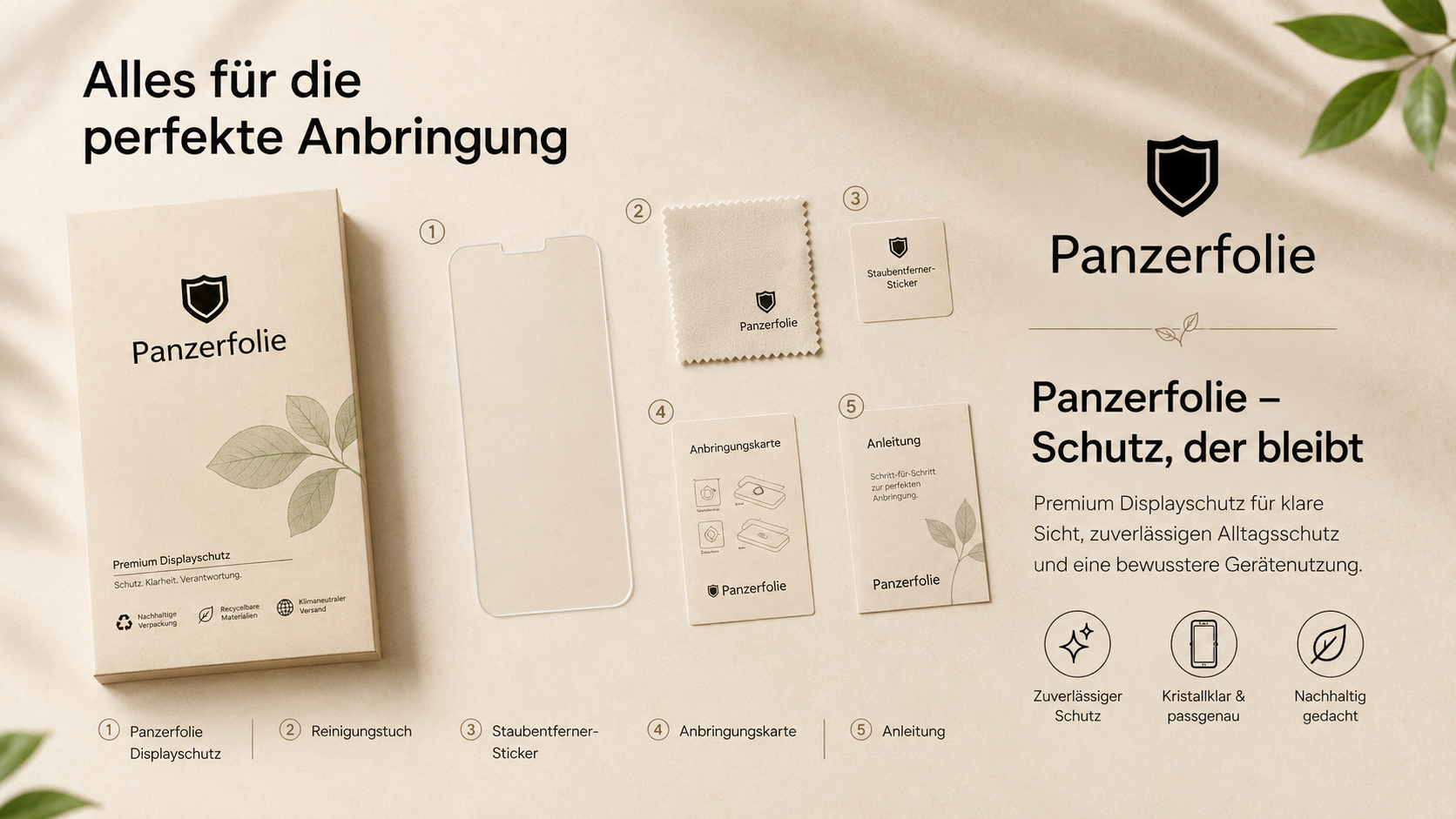 Lieferumfang der Panzerfolie mit Schutzglas, Reinigungstuch, Staubentferner und Anleitung